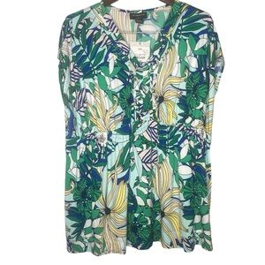 Liz Claiborne V-Neck Women’s Top Size 0X Aqua Bliss Floral Cap Sleeve Tropical